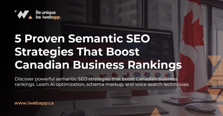 Canadian business owner analyzing semantic SEO strategies on laptop with AI optimization charts displayed on screen