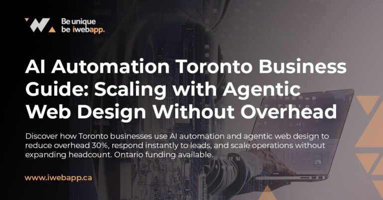 Toronto business owner using AI automation and agentic web design on laptop showing automated workflows and AI agent dashboards reducing overhead costs