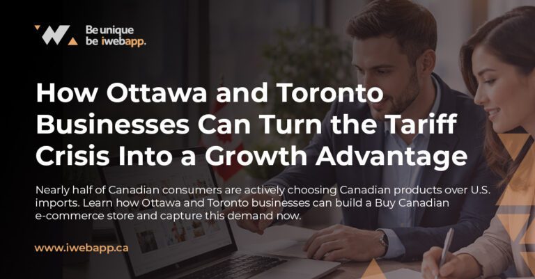 Buy Canadian E-Commerce: How Ottawa and Toronto Businesses Can Turn the Tariff Crisis Into a Growth Advantage 1 Ottawa and Toronto business owners reviewing a Buy Canadian e-commerce strategy on a laptop with a Canadian flag and city skyline visible