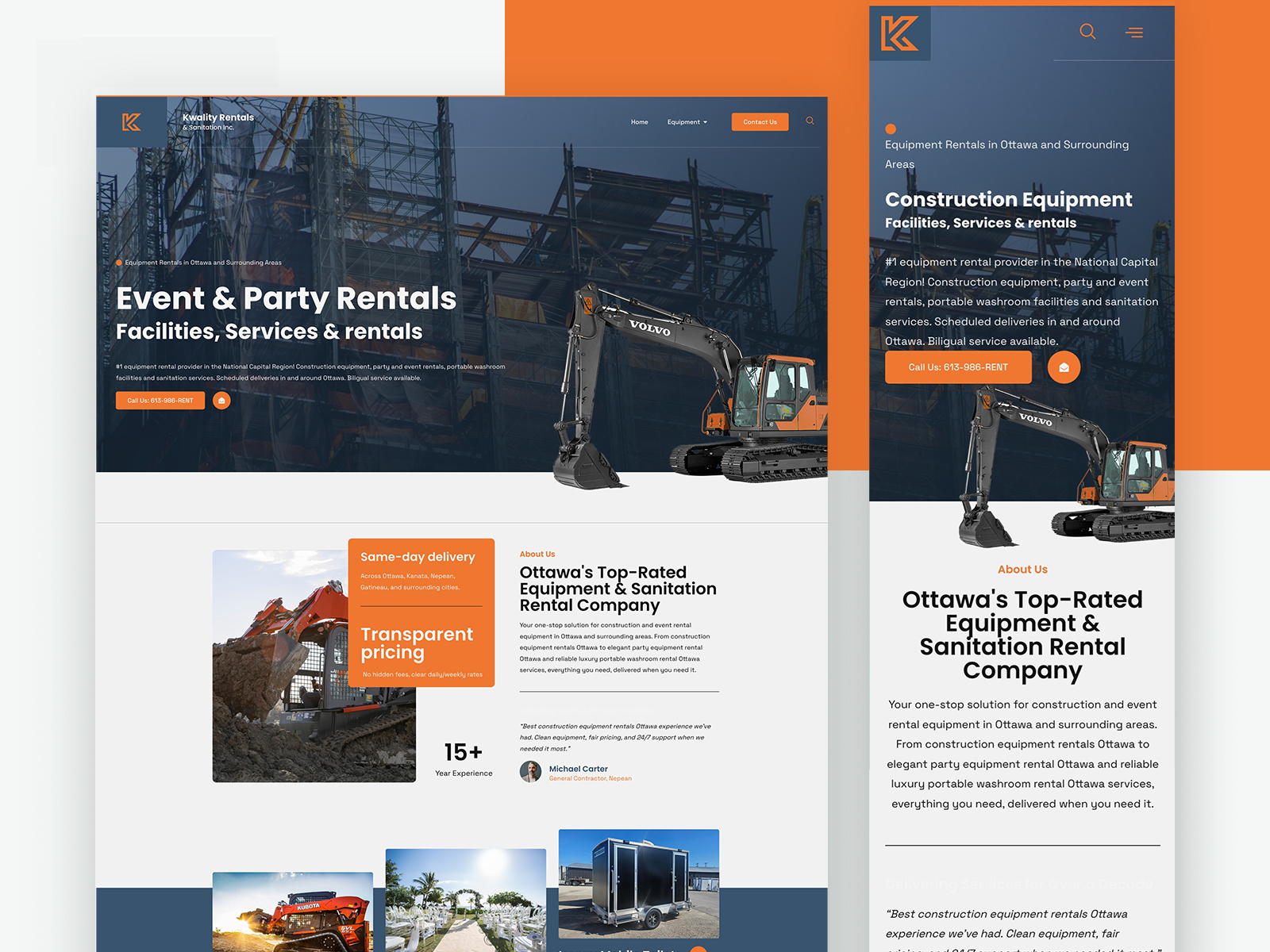 Kwality Rentals equipment rental website design Ottawa case study main banner showing construction equipment and portable toilets transformation by iWEBAPP Agency