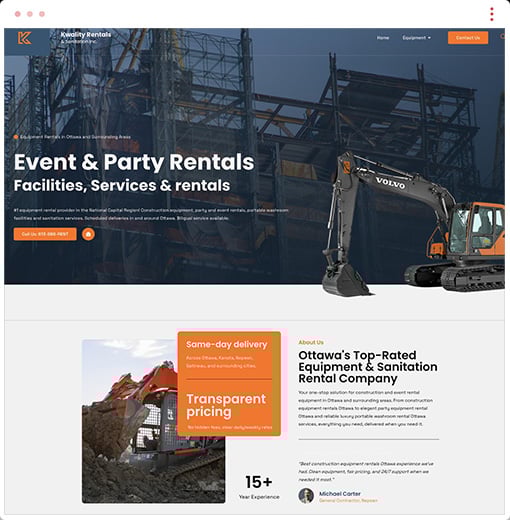 Kwality Rentals equipment rental website design Ottawa case study main banner showing construction equipment and portable toilets transformation by iWEBAPP Agency
