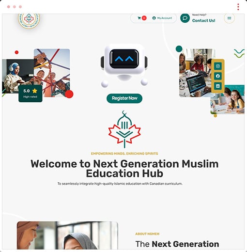 NGMEH Islamic education e-learning platform displayed on desktop and mobile devices showing responsive design and 3D character integration by iWEBAPP Ottawa
