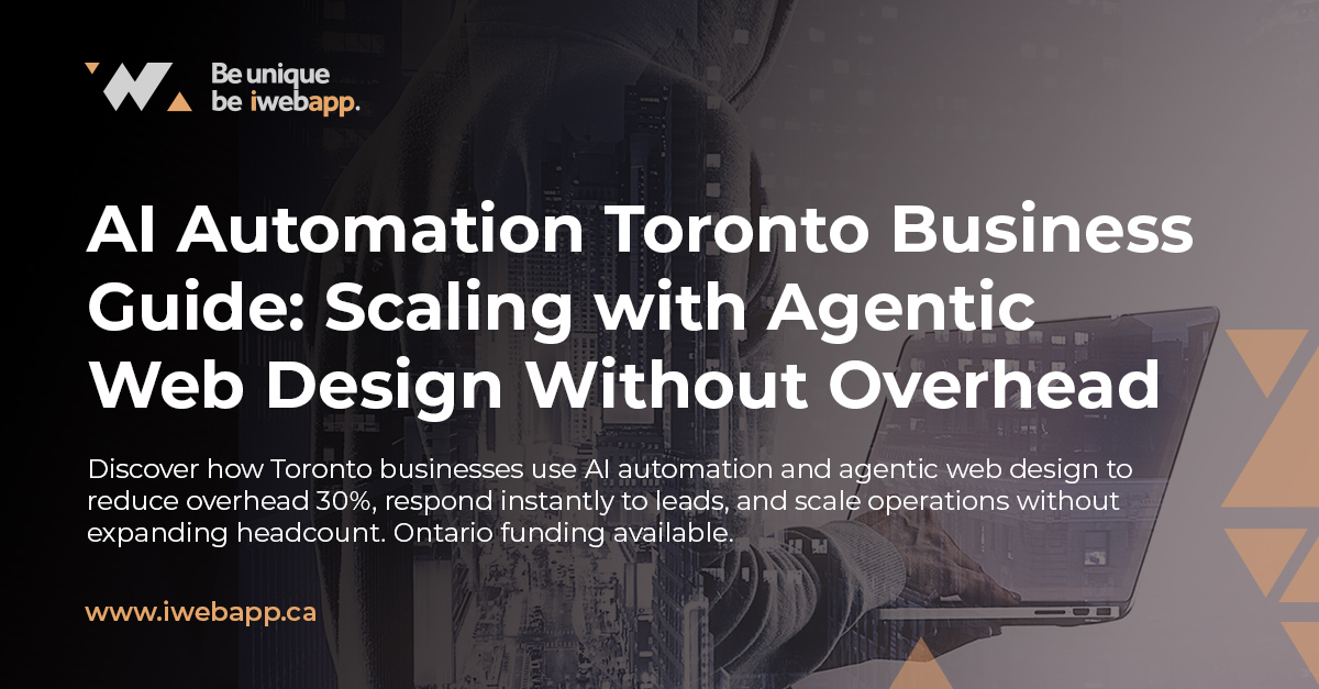 Toronto business owner using AI automation and agentic web design on laptop showing automated workflows and AI agent dashboards reducing overhead costs