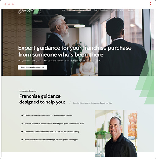 Jason Allen Franchise Navigator performance dashboard showing 187 percent inquiry increase, 243 percent consultation bookings, and 156 percent qualified lead conversion through iWEBAPP web design