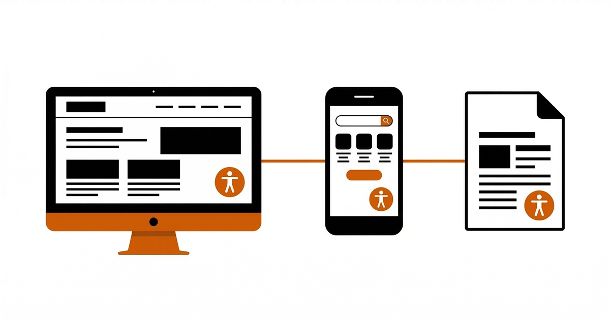 Visual representation of CAN/ASC-EN 301 549 digital accessibility standard showing web page, mobile application, and digital document compliance requirements for Canadian federally regulated organizations